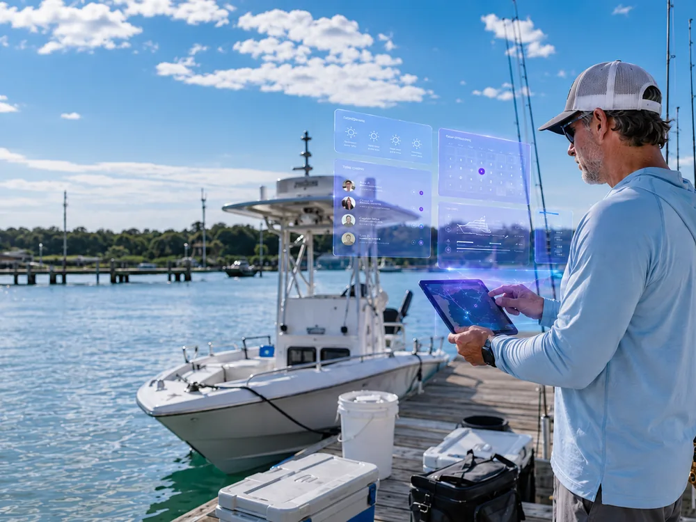 Charter captain reviewing bookings and crew scheduling on a tablet on a marina dock