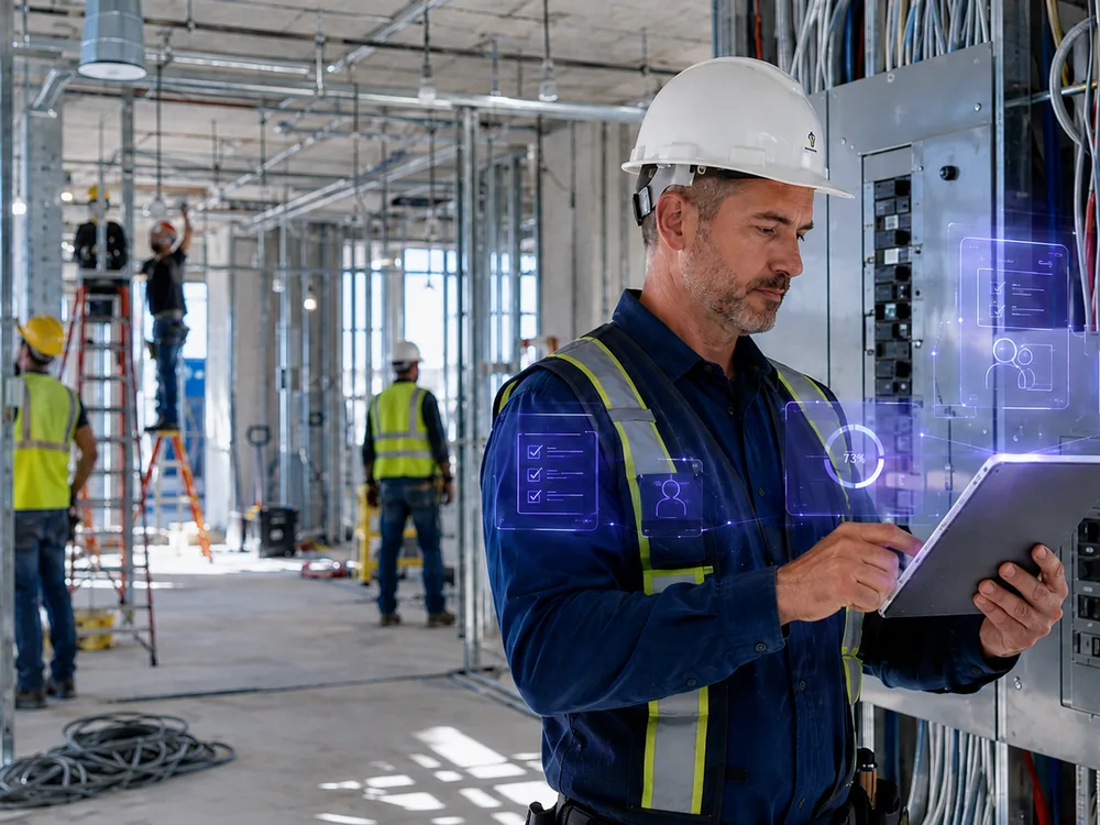 Electrical contractor reviewing project and crew information on a tablet at a job site panel board