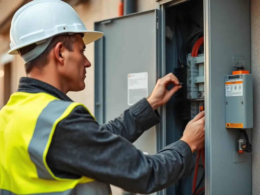 Electrician in a hi-vis vest working on an electrical panel at a commercial construction site