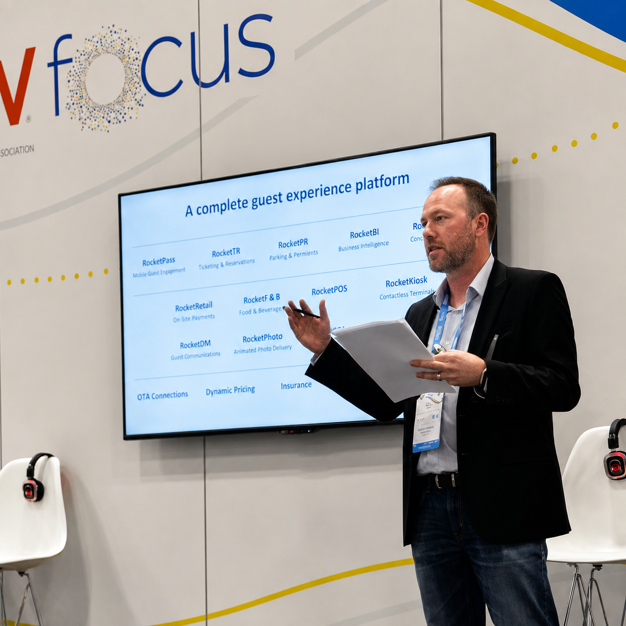 Scott Riddell presenting a guest experience platform at an industry conference
