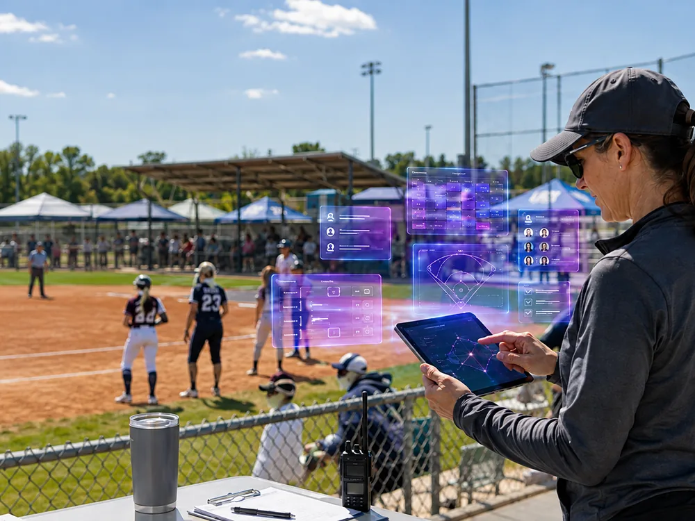 Sports program coordinator managing team rosters and field schedules on a tablet beside a ballfield