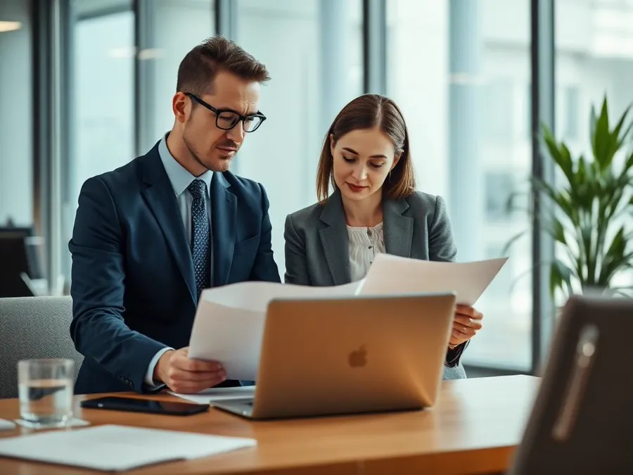 Two professionals reviewing documents and a laptop in an office meeting room