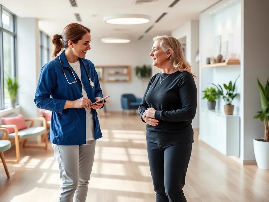 Clinician speaking with a client in a bright modern wellness clinic