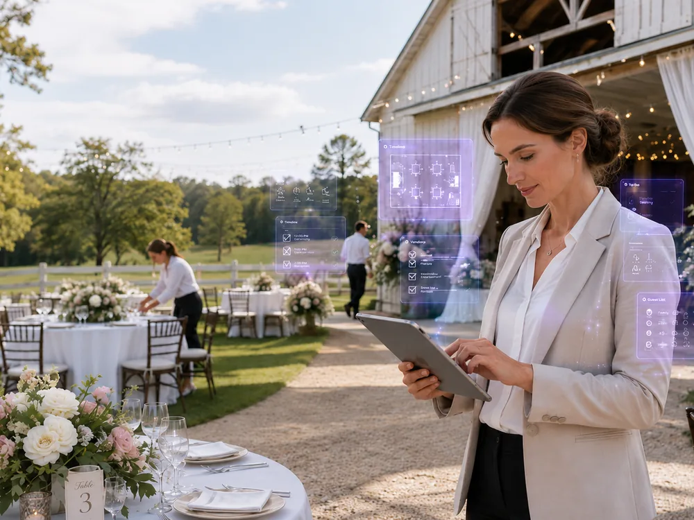 Venue coordinator checking event timeline and vendor tasks on a tablet at an outdoor wedding setup
