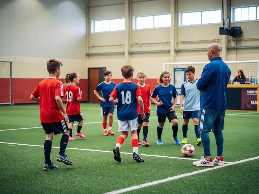 Youth soccer team training with a coach inside an indoor sports facility