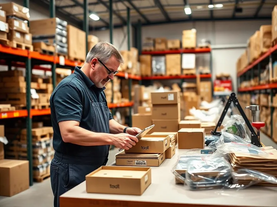 Warehouse team member packing online retail orders at a workbench