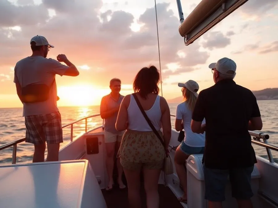 Guests on a coastal boat tour at sunset with a guide