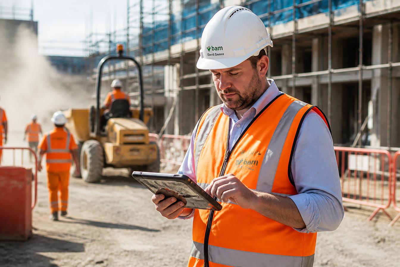 Construction site supervisor reviewing work on a tablet on an active site