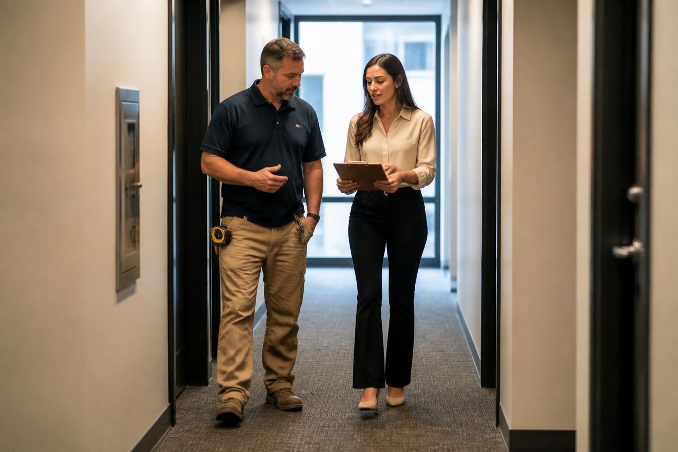 Property manager walking a building hallway with a maintenance contractor