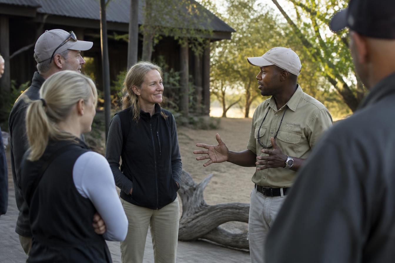 Tour guide briefing a small group of guests before departure